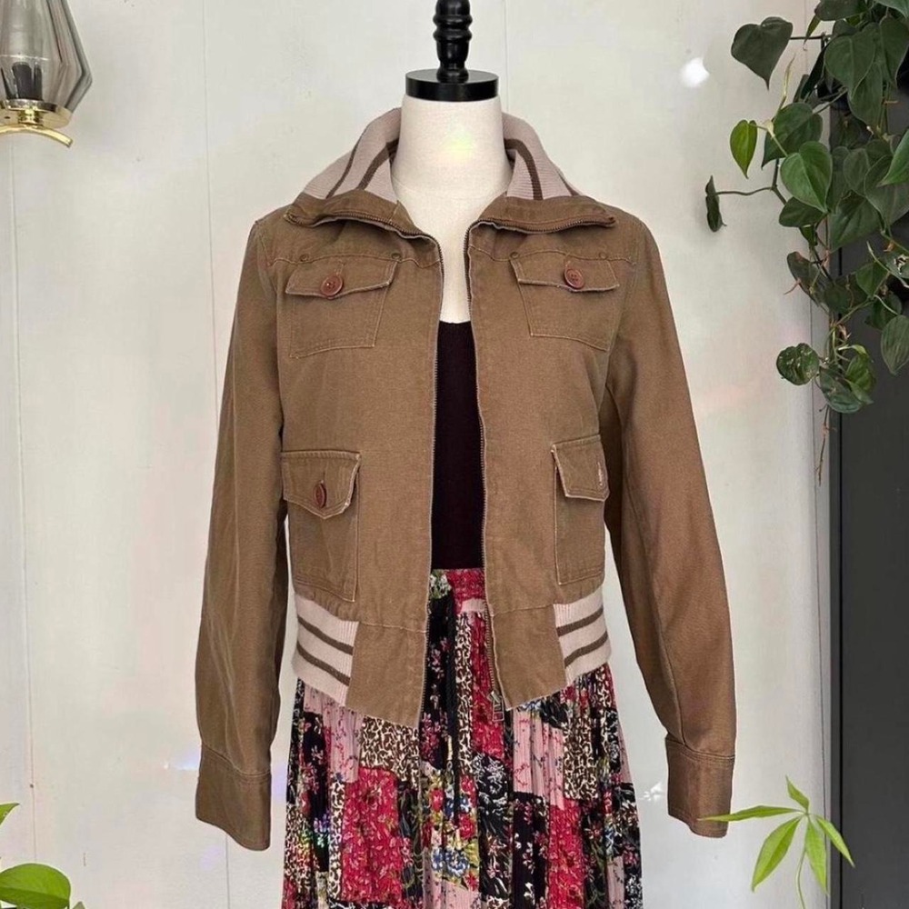 EMC Mushroom Brown Canvas Aviator Bomber Jacket Cropped Indie Twilight Bella